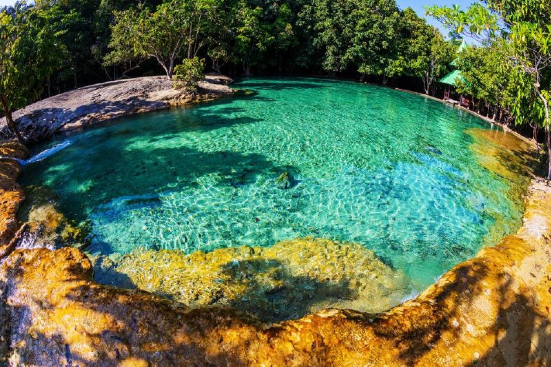The Emerald Pool in Krabi is a tranquil hot spring surrounded by jungle, perfect for relaxation.